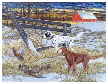 動物 Painting - 冬の子犬の猟犬とマガモ